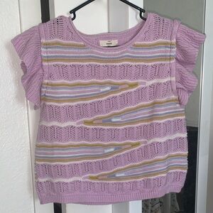Lilac Knit Ruffle Sleeve Sweater Top with Multicolor Stripes